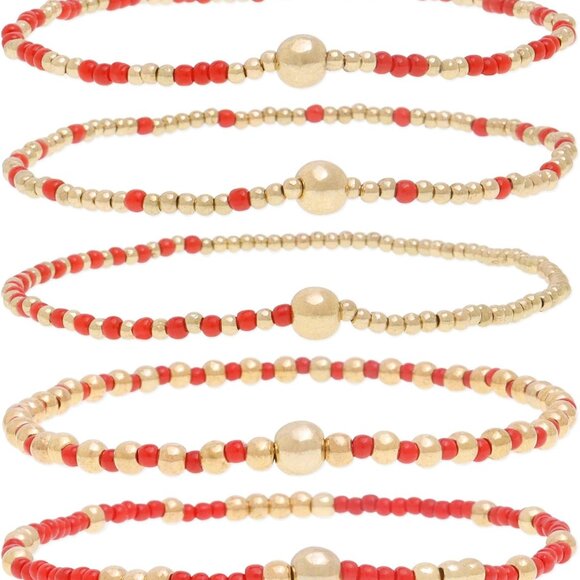 Gold Beaded Bracelets Set 5Pcs Women Handmade Stackable Layered Jewelry - Picture 1 of 6